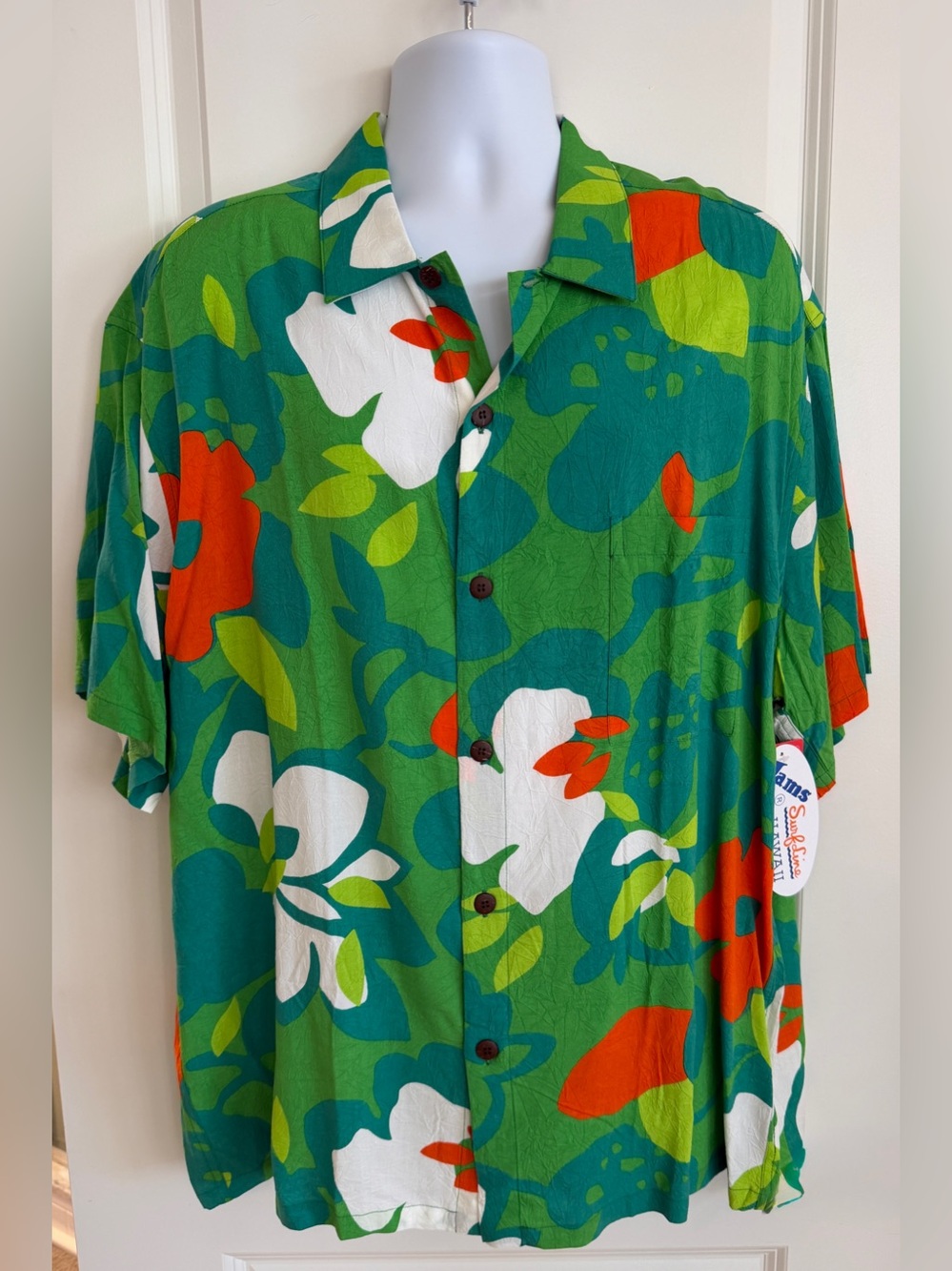 Jams World Men’s Hawaiian Aloha Short Sleeve Shirt, XL, “Hau Flower Green”, NWT
